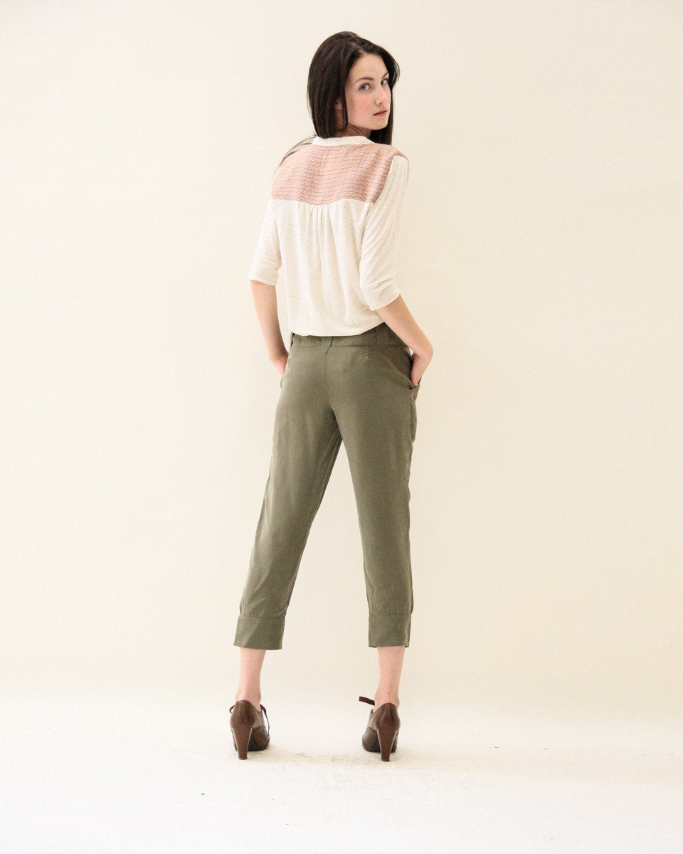 Thread Theory Camas Blouse sewing pattern with gathered yokes, curved V-neckline, and slim elbow-length sleeves