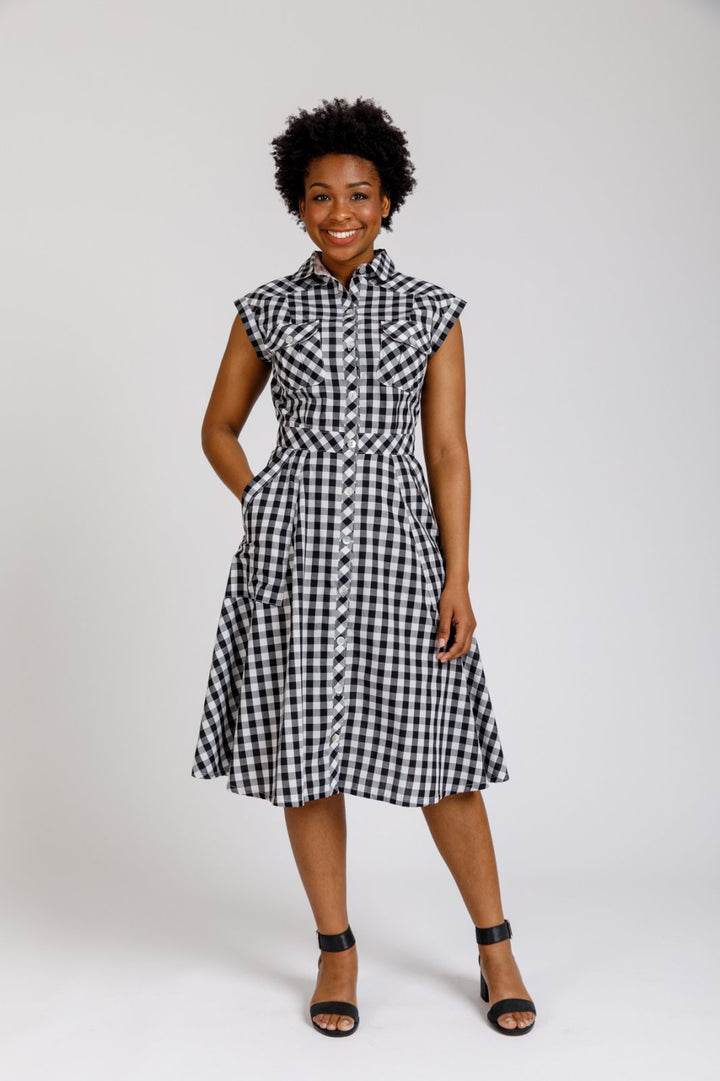 Megan Nielsen Matilda sewing pattern utility-style shirt dress with pleated pockets and A-line skirt