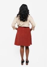Grainline Studio Reed Skirt sewing pattern sizes 0–18 with inset and patch pockets, button front or invisible zipper closure, medium-weight fabrics