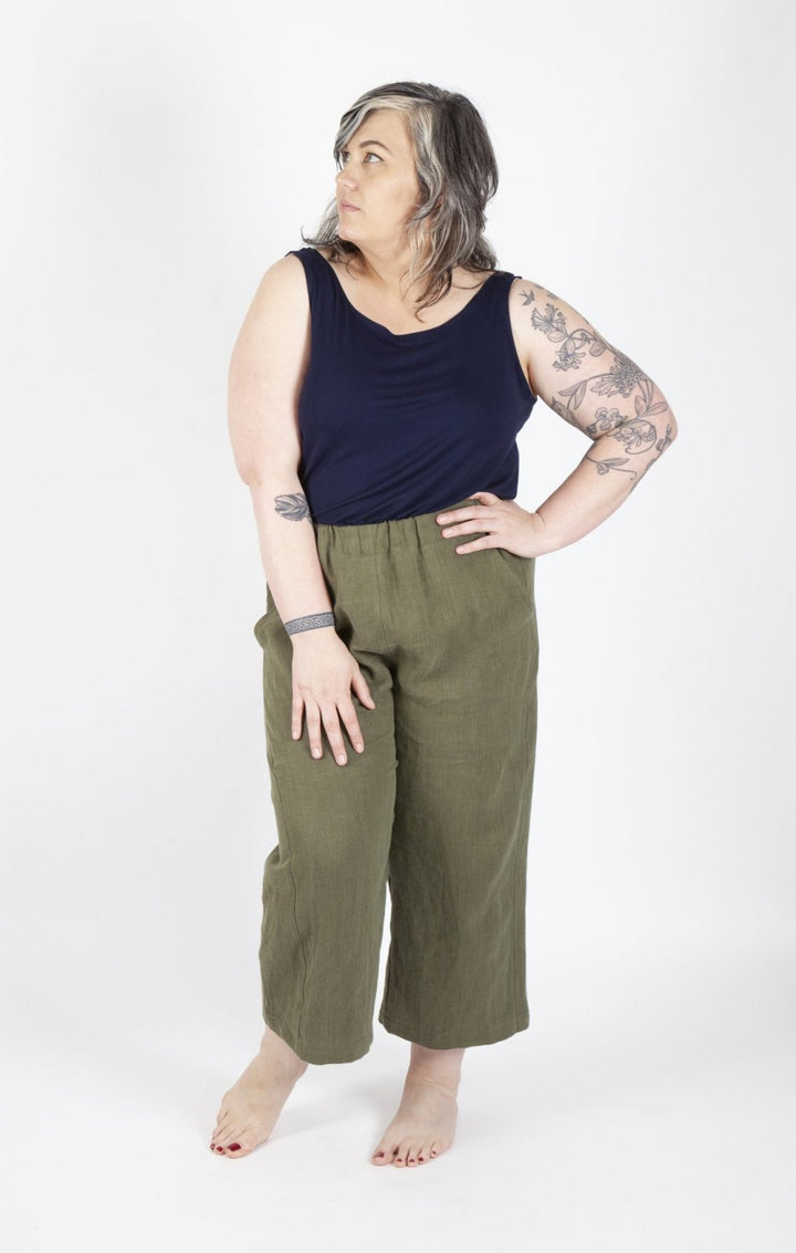 Sew House Seven Free Range Slacks Paper Pattern – elastic waist tapered and straight cropped pants sewing pattern