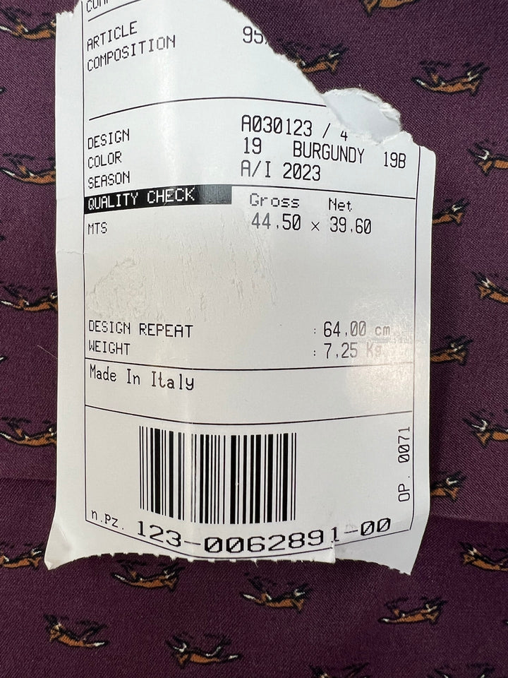 Dressweight Woven fabric in eggplant purple with tiny fox motifs. Made from 95% Polyamide and 5% Elastane. Ideal for dresses, skirts, and blouses.