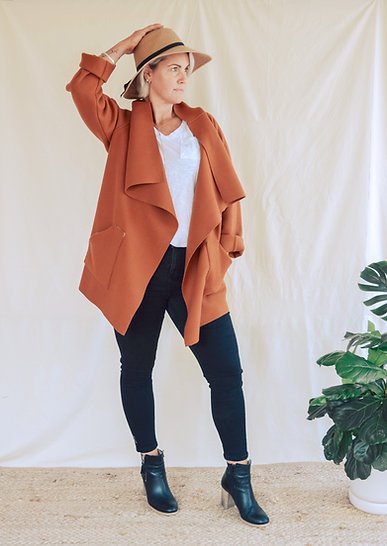 Sew to Grow Alston Reversible Jacket with oversized fit, raglan sleeves, and cascading collar.