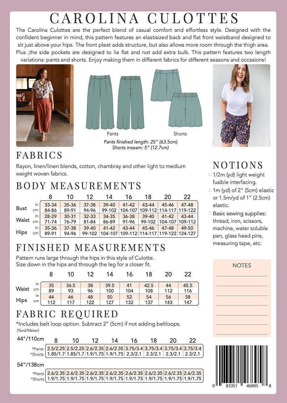 Sew to Grow Carolina Culottes sewing pattern with pants and shorts variations in sizes 8–22.