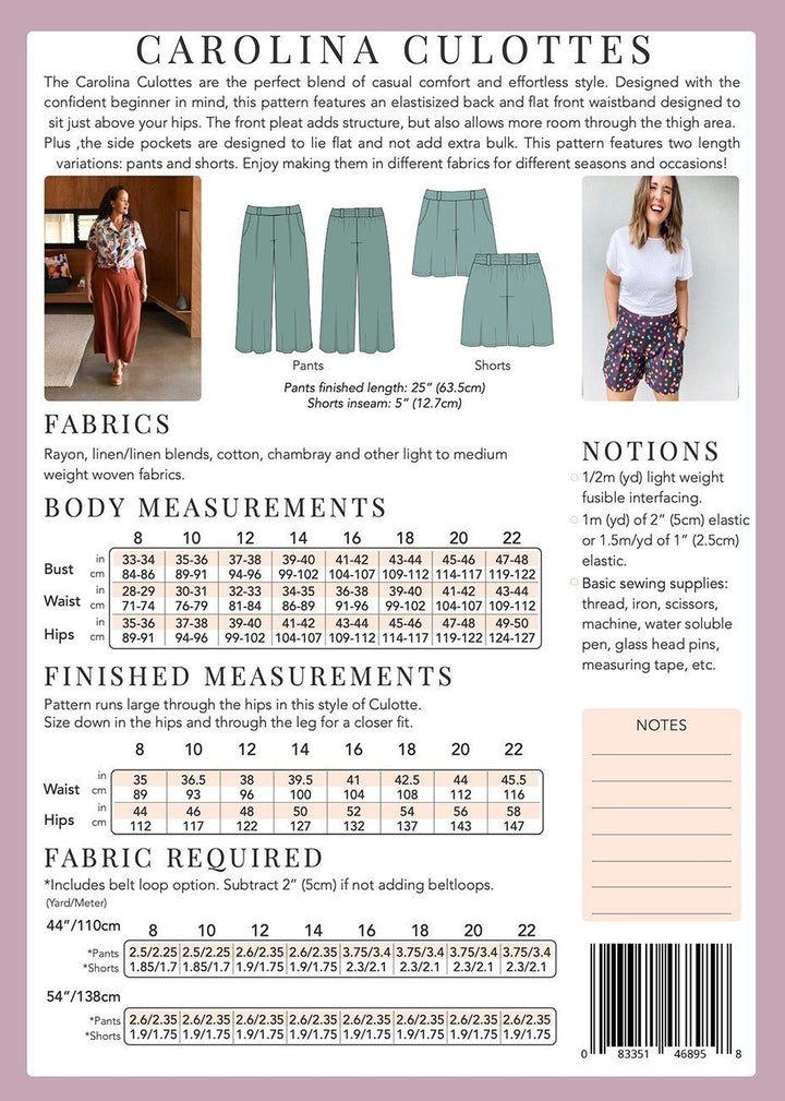 Sew to Grow Carolina Culottes sewing pattern with pants and shorts variations in sizes 8–22.