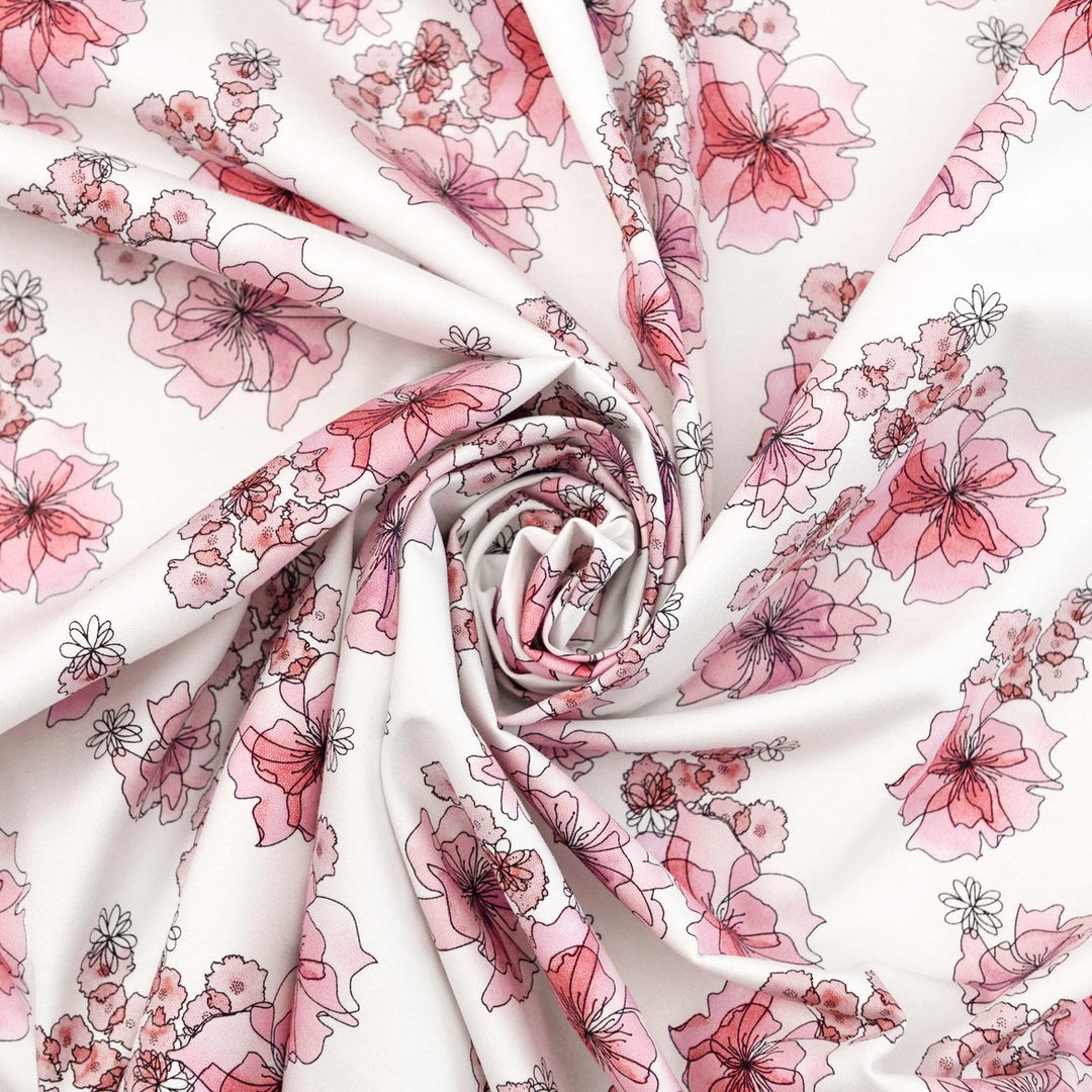 Cotton Stretch Sateen Blush Petals – 97% cotton, 3% Lycra, 56/57 inches wide, smooth floral fabric for jackets, skirts, culottes, and shirts