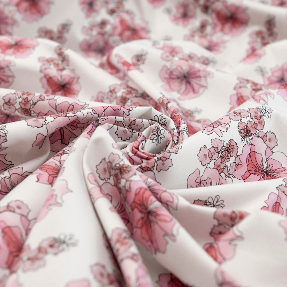 Cotton Stretch Sateen Blush Petals – 97% cotton, 3% Lycra, 56/57 inches wide, smooth floral fabric for jackets, skirts, culottes, and shirts