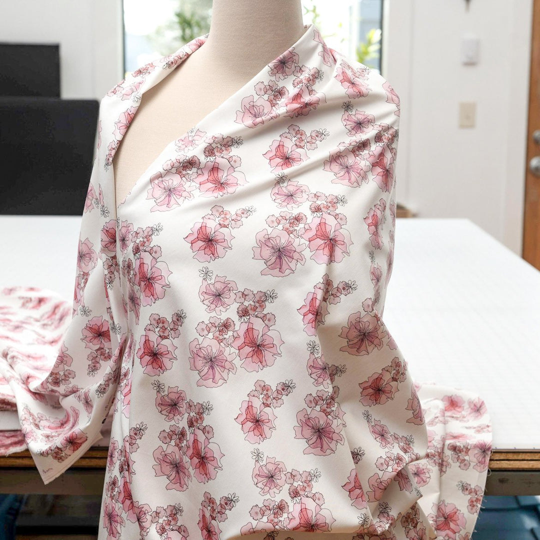 Cotton Stretch Sateen Blush Petals – 97% cotton, 3% Lycra, 56/57 inches wide, smooth floral fabric for jackets, skirts, culottes, and shirts