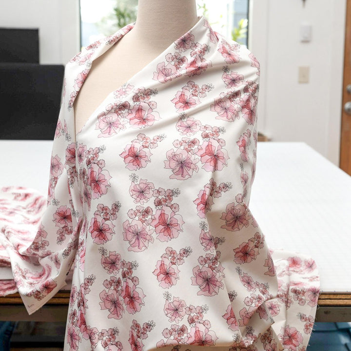 Cotton Stretch Sateen Blush Petals – 97% cotton, 3% Lycra, 56/57 inches wide, smooth floral fabric for jackets, skirts, culottes, and shirts