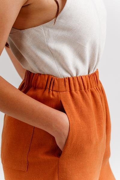 Megan Nielsen Opal sewing pattern for high-waist pants and shorts with paper bag and elastic waist options