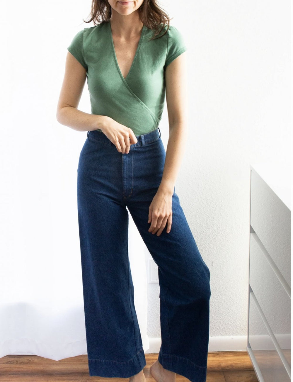 Allie Olson Elio Top sewing pattern with faux wrap silhouette and sleeve length options