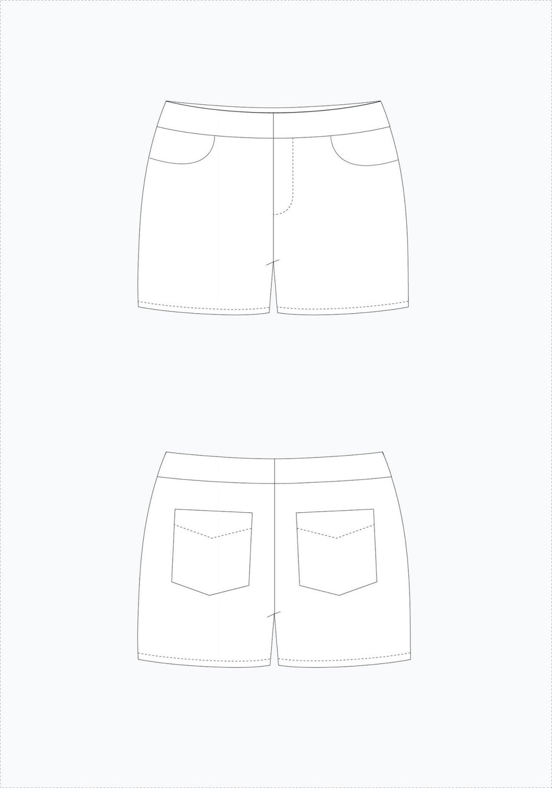 Grainline Studio Maritime Shorts sewing pattern with curved front pockets, back patch pockets, fly closure, sizes 0–18