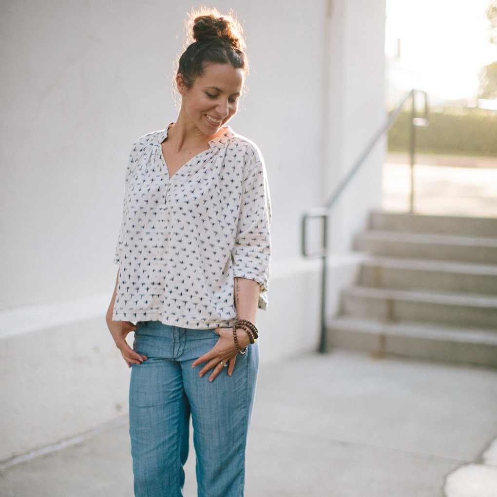 Sew Liberated Matcha Top showing mandarin-inspired neckline and elbow-length sleeves in soft draping fabric