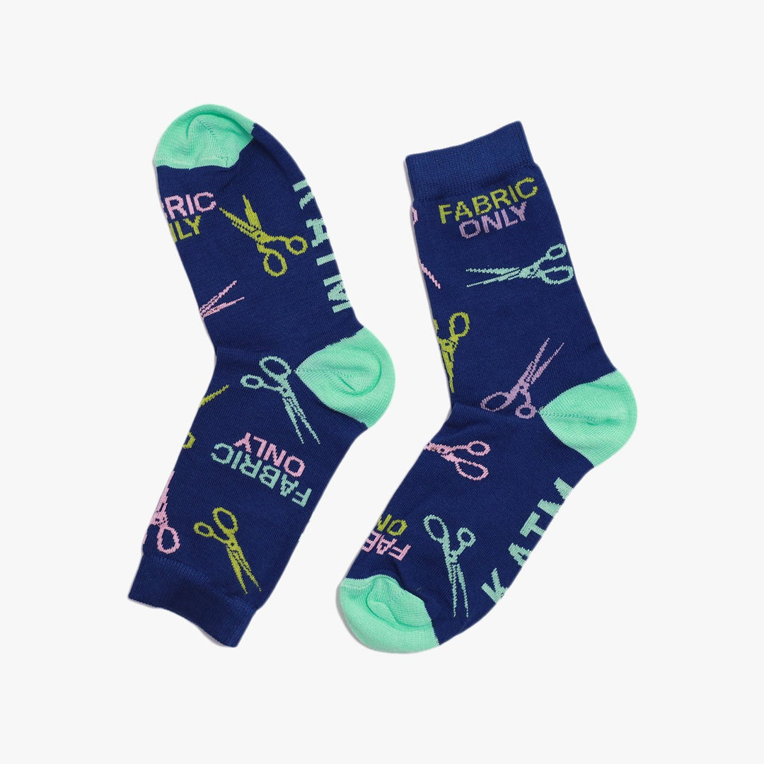 Colorful 'Fabric Only' socks by Kylie and the Machine – royal blue, mint, yellow, pink, and blue cotton socks for sewists