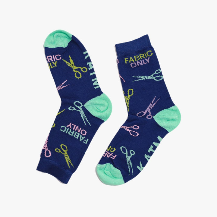 Colorful 'Fabric Only' socks by Kylie and the Machine – royal blue, mint, yellow, pink, and blue cotton socks for sewists