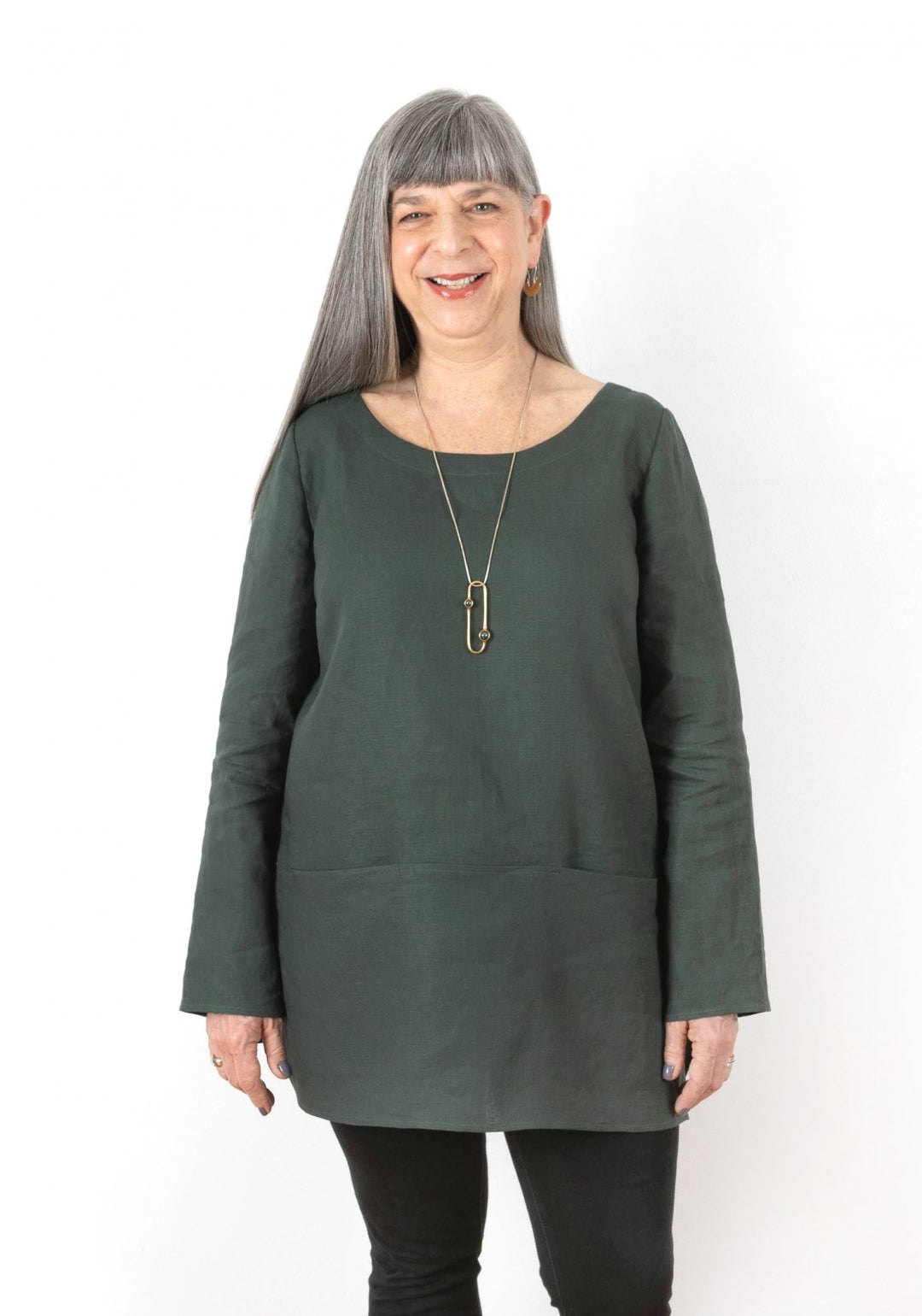 Grainline Studio Uniform Tunic sewing pattern with mix-and-match neckline, skirt, sleeve options, optional pockets, sizes 0–18