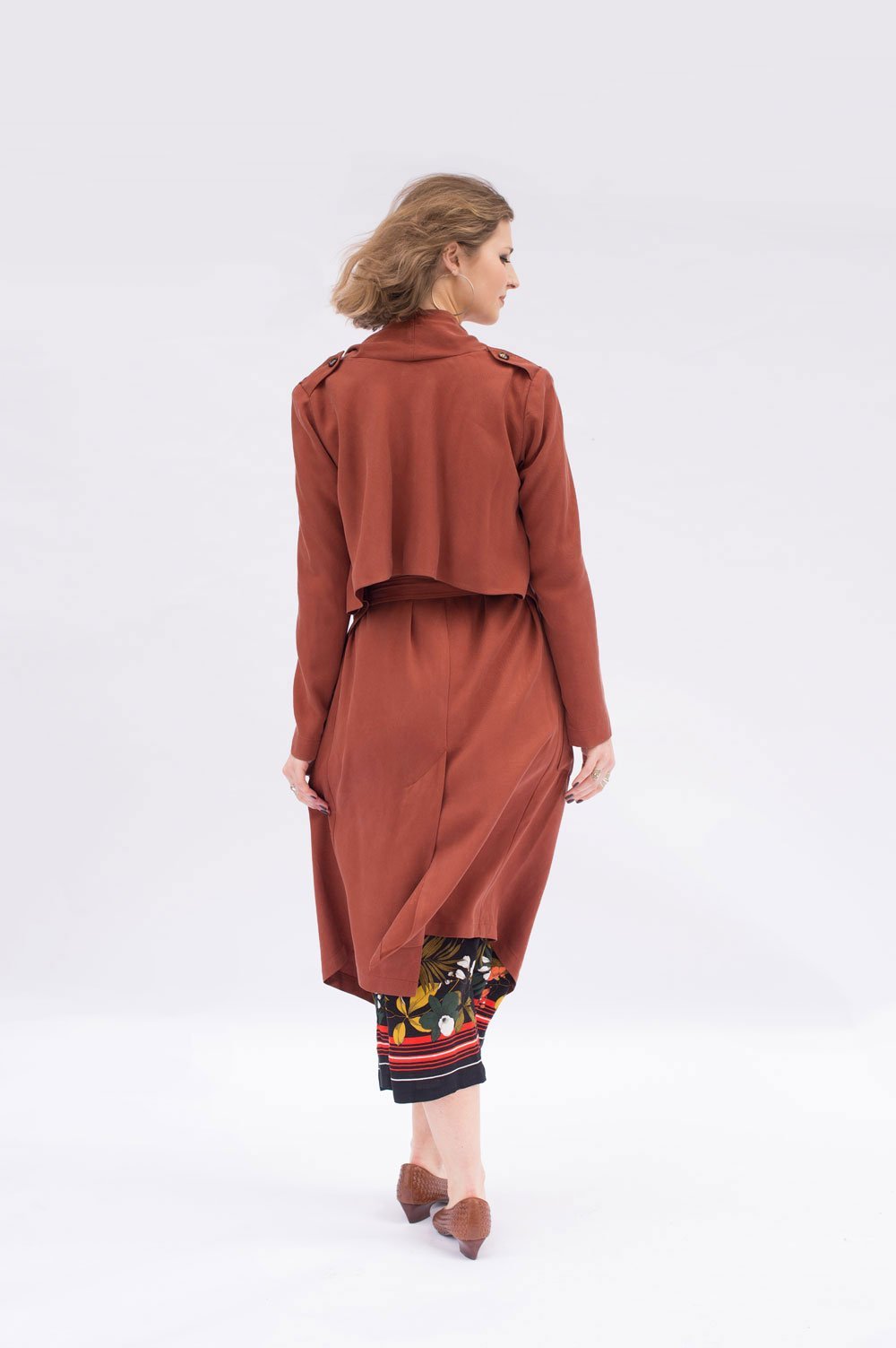 Victory Patterns Ulysses modern trench coat jacket with shawl collar, rain guard overlay, angled patch pockets, and belt