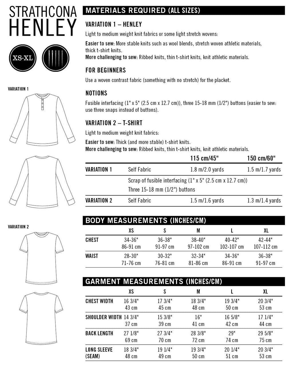 Thread Theory Strathcona Henley sewing pattern slim-fitting t-shirt with crew neck or henley placket and long or short sleeves