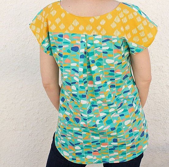 Sew to Grow Bondi Top sewing pattern, curved hem, contrast back yoke, versatile wardrobe staple