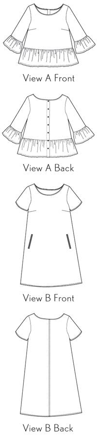 Liesl + Co Gelato Blouse and Dress sewing pattern with peplum blouse and A-line dress options