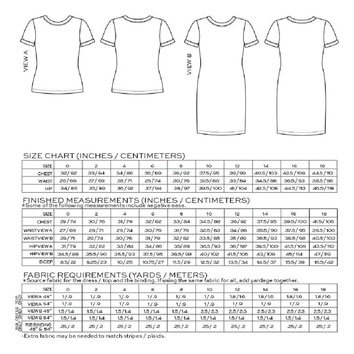 True Bias Rio Ringer T-Shirt & Dress sewing pattern with retro ribbed neckline and sleeve trim in T-shirt and dress versions