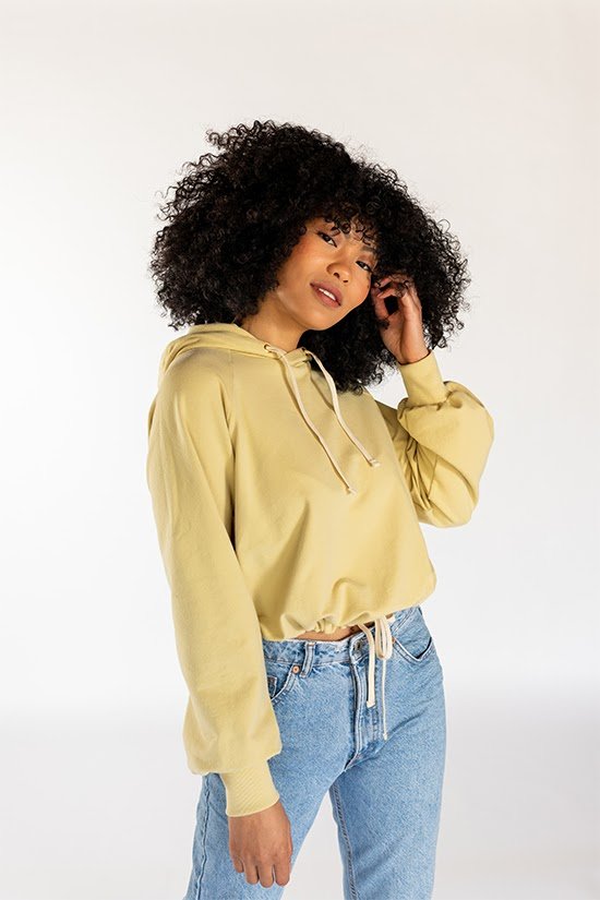 Chalk & Notch Page Hoodie sewing pattern cropped hooded sweatshirt with banded or drawstring hem and interchangeable sleeves