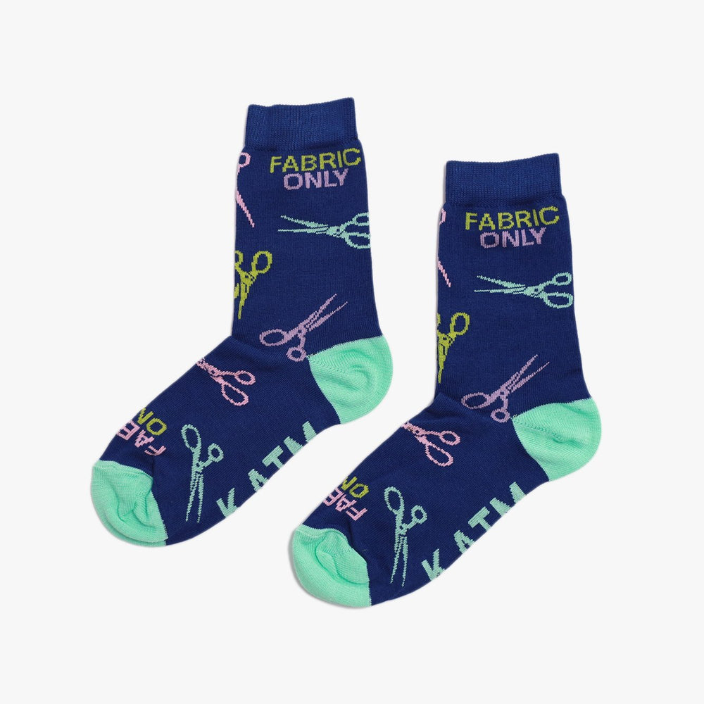 Colorful 'Fabric Only' socks by Kylie and the Machine – royal blue, mint, yellow, pink, and blue cotton socks for sewists