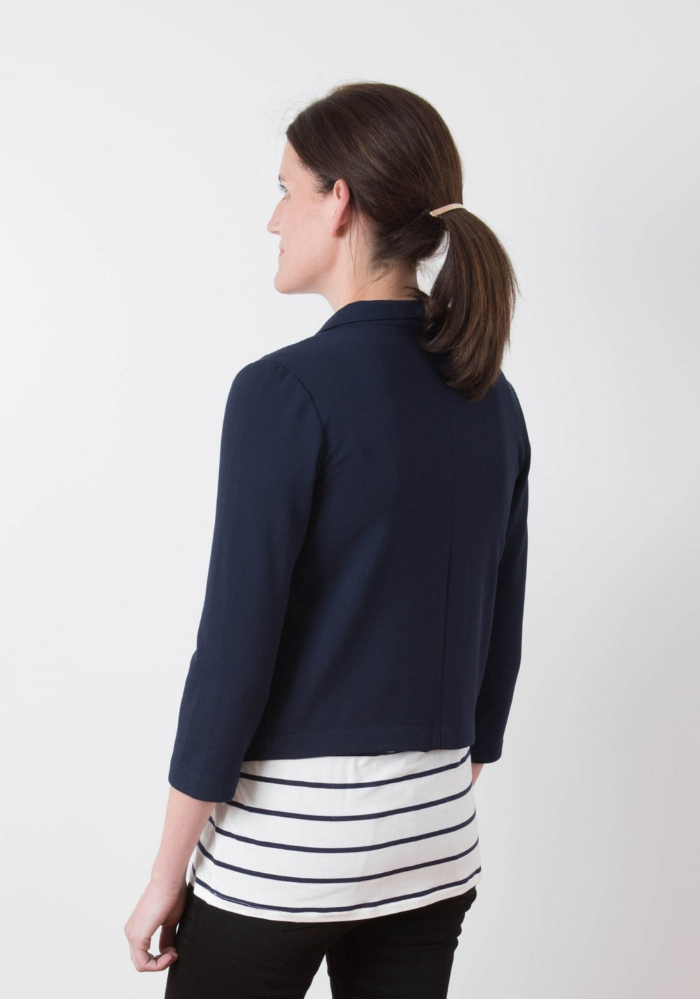 Grainline Studio Morris Blazer sewing pattern with shawl collar, bracelet-length sleeves, medium weight fabric, sizes 0–18