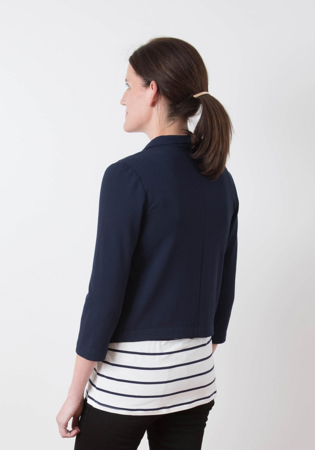 Grainline Studio Morris Blazer sewing pattern with shawl collar, bracelet-length sleeves, medium weight fabric, sizes 0–18