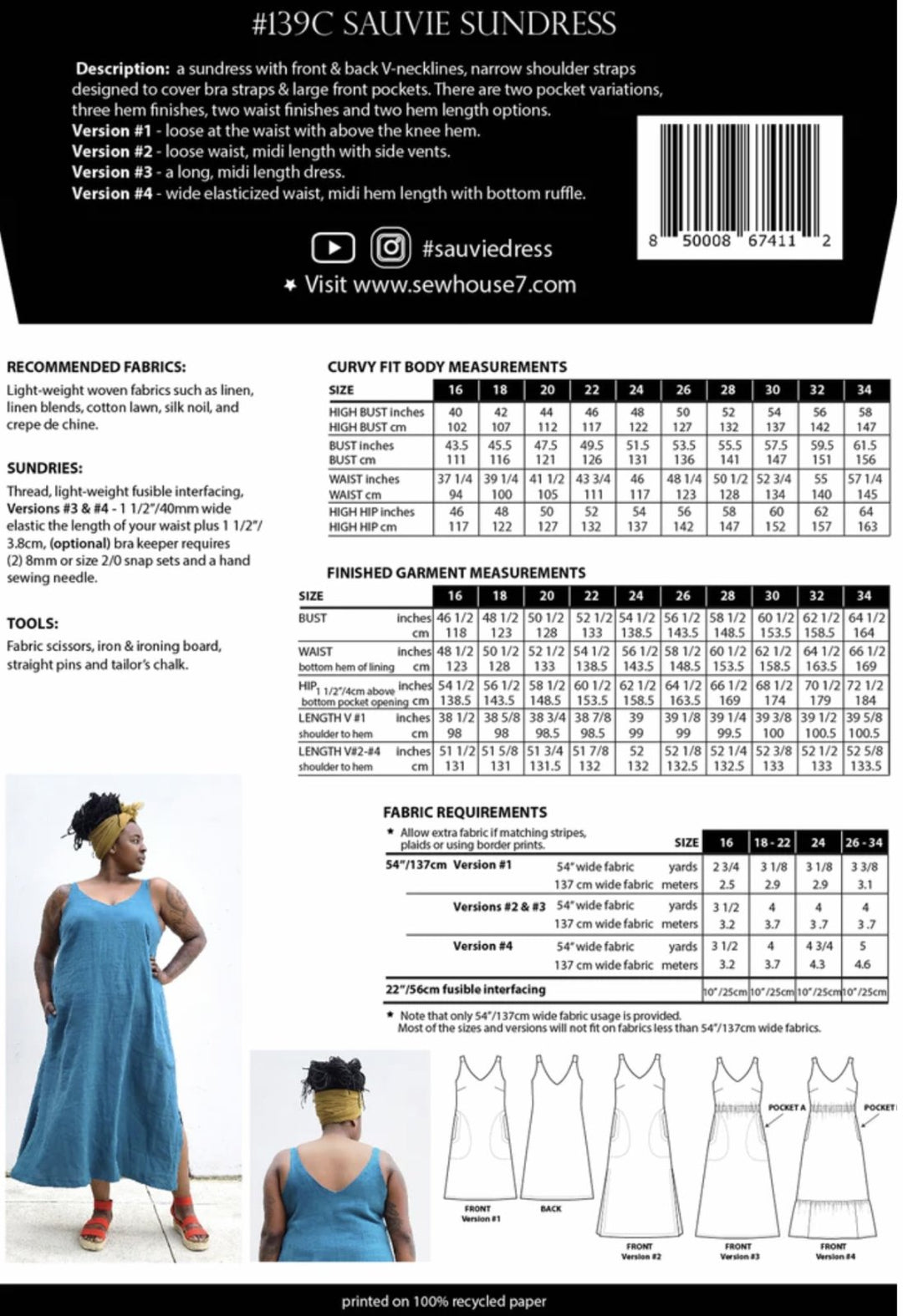 Sew House Seven Sauvie Sundress sewing pattern for curvy sizes with V-necklines, narrow straps, and pocket variations.