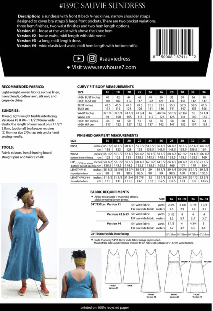 Sew House Seven Sauvie Sundress sewing pattern for curvy sizes with V-necklines, narrow straps, and pocket variations.