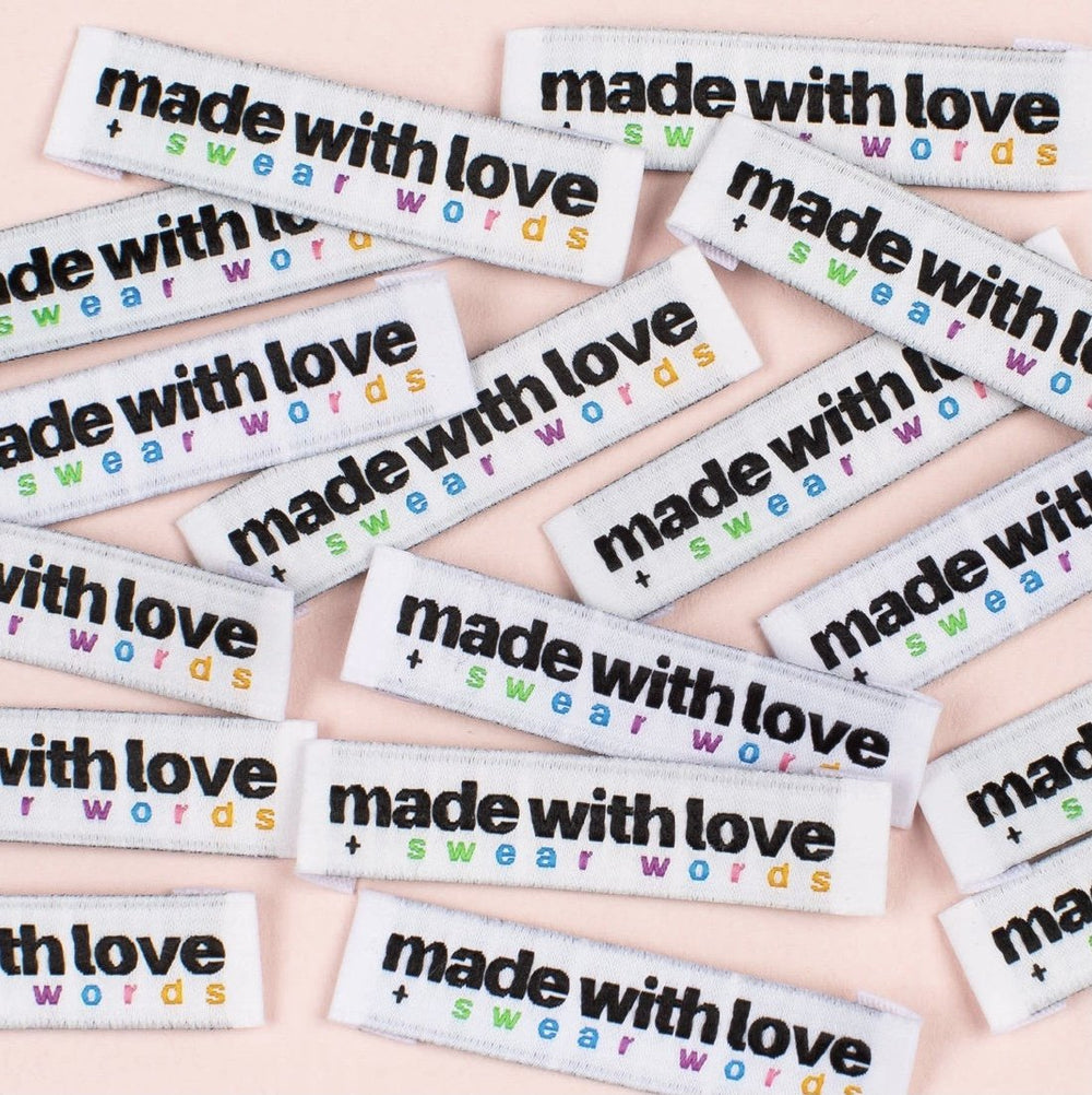 Made with Love + Swear Words’ woven sewing labels - black & rainbow HD tags for handmade crafts