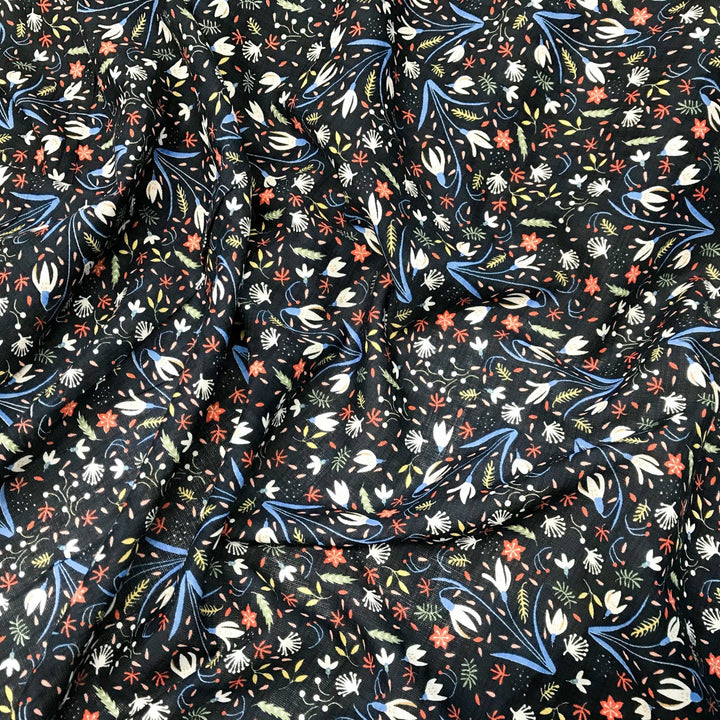 Cotton Viscose Voile Floral Party in Navy lightweight fabric with multicolor floral print