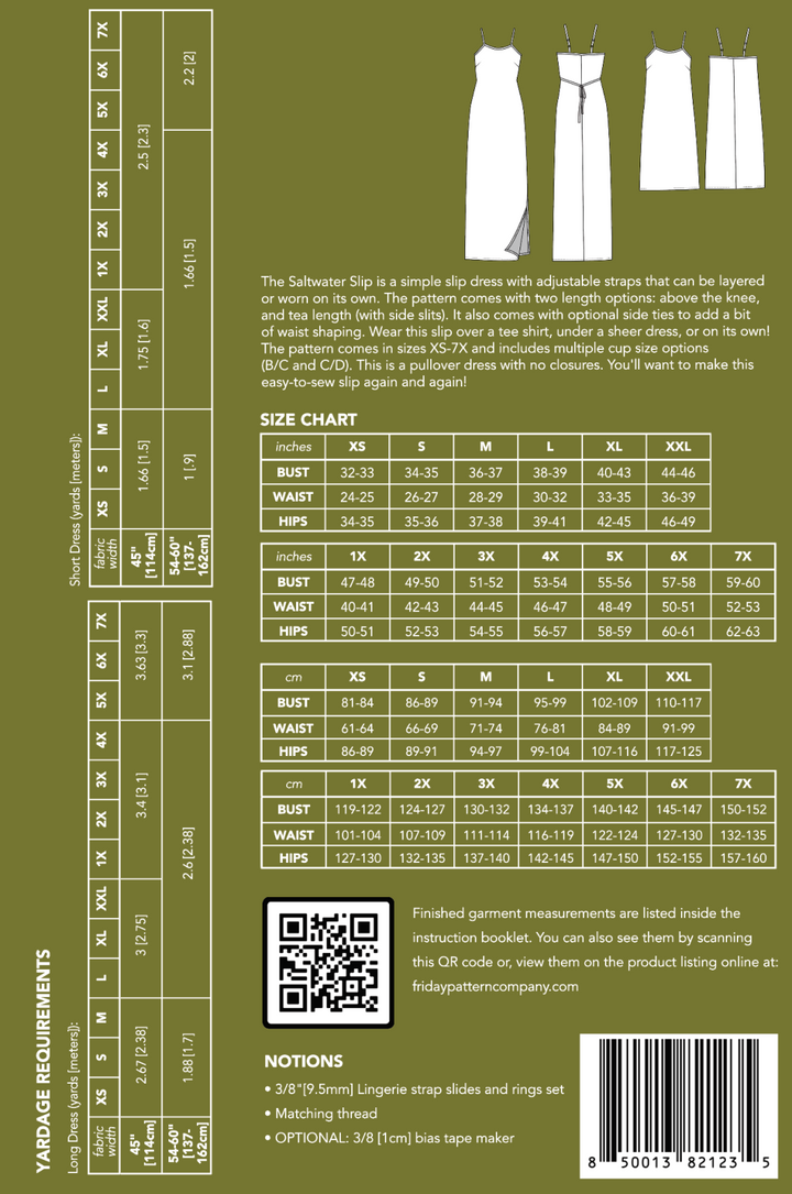 Friday Pattern Co. - The Saltwater Slip sewing pattern for versatile slip dress with adjustable straps, two lengths, and inclusive sizing XS–7X