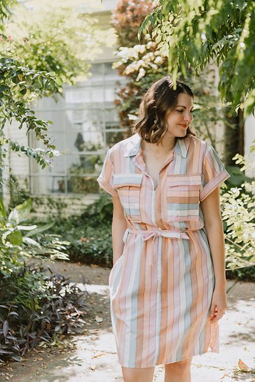Sew to Grow Sydni Shirt-Dress pattern showing optional collar, front pleated pockets, and tie belt.