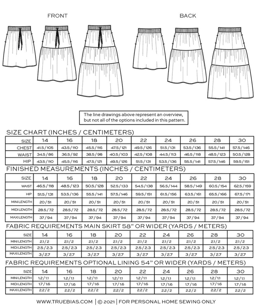 True Bias Mave Skirt sewing pattern in drapey fabric, featuring elastic waistband, inseam pockets, and optional ruffle hem in multiple lengths.