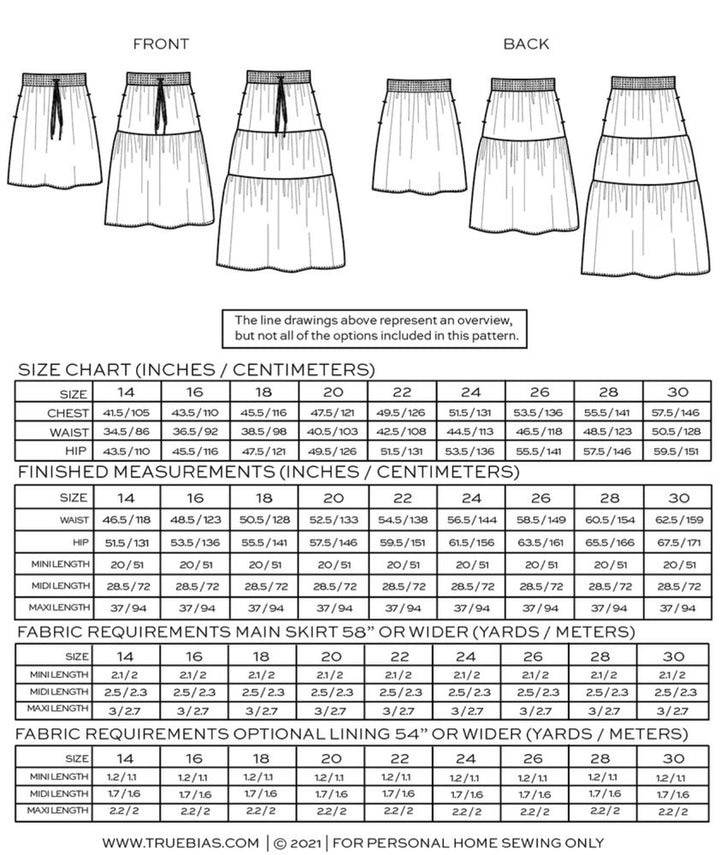True Bias Mave Skirt sewing pattern in drapey fabric, featuring elastic waistband, inseam pockets, and optional ruffle hem in multiple lengths.