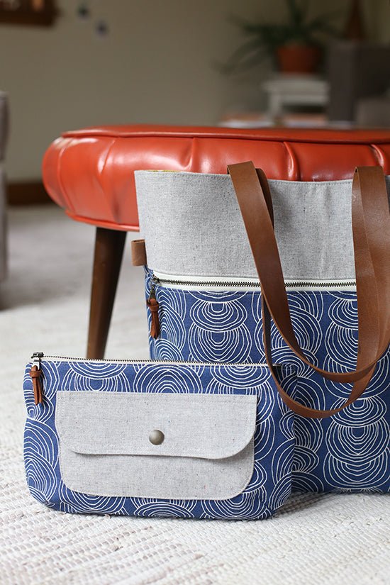 Noodlehead Caravan Tote and Pouch sewing pattern for DIY knitting bag with zippered pockets and matching accessory