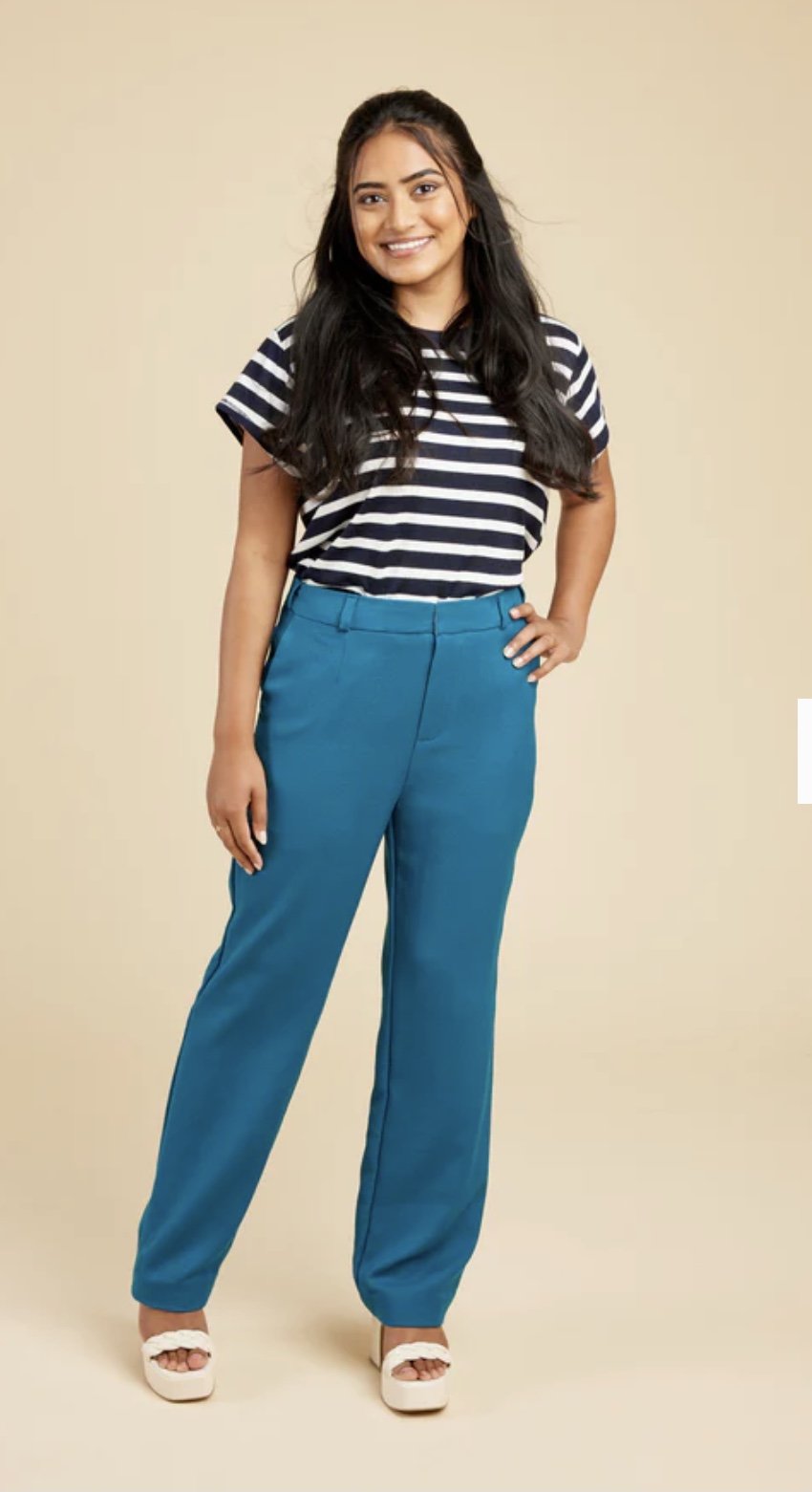 Cashmerette Meriam Trousers sewing pattern with classic details, flex waistband, and straight leg design in sizes 0–16.