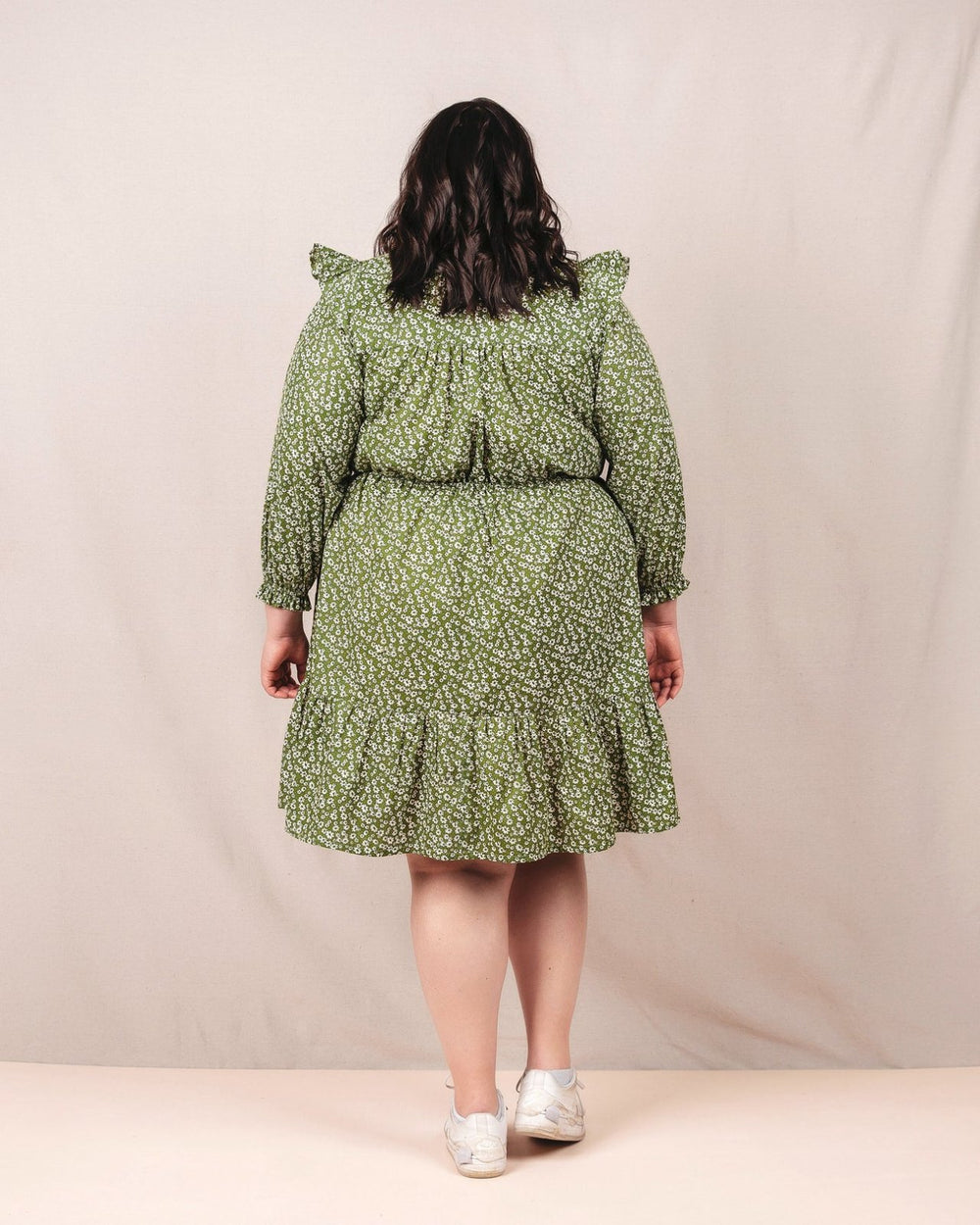 Friday Pattern Co. Davenport Dress sewing pattern with flutter shoulders, ruffle sleeves, drawstring waist, and roomy pockets.