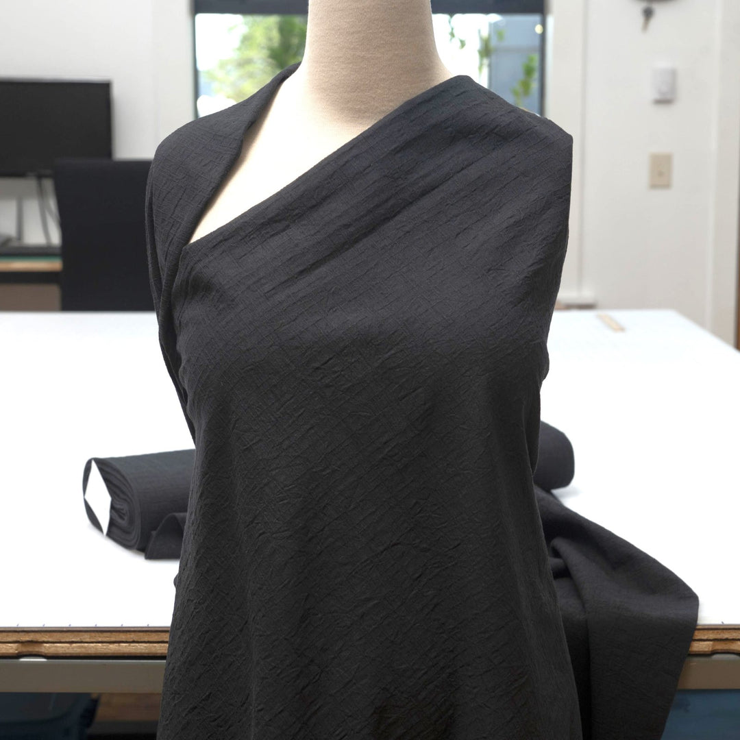 Japanese Cotton Wrinkled Dobby in Black fabric with textured crumpled weave