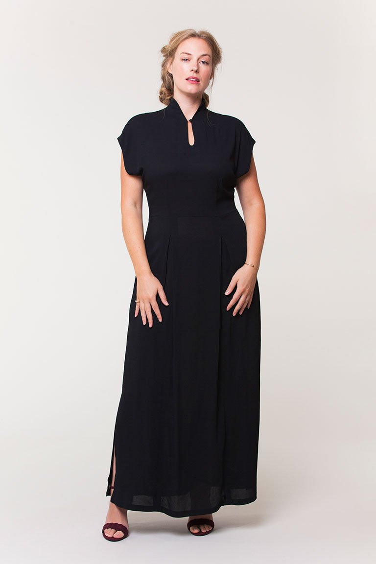 Colette Prudence Dress sewing pattern featuring mandarin collar, keyhole neckline, and pleated skirt options
