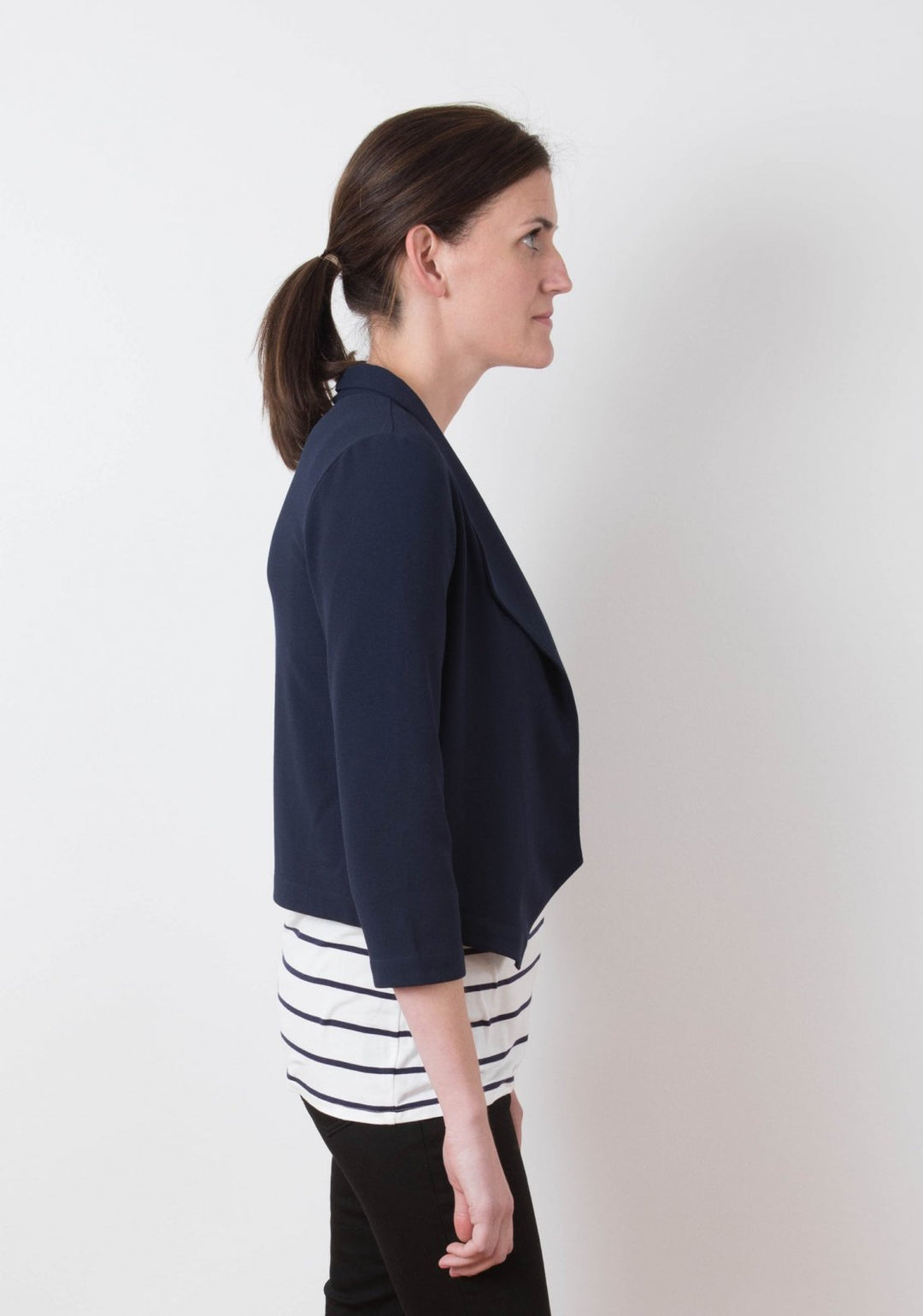 Grainline Studio Morris Blazer sewing pattern with shawl collar, bracelet-length sleeves, medium weight fabric, sizes 0–18