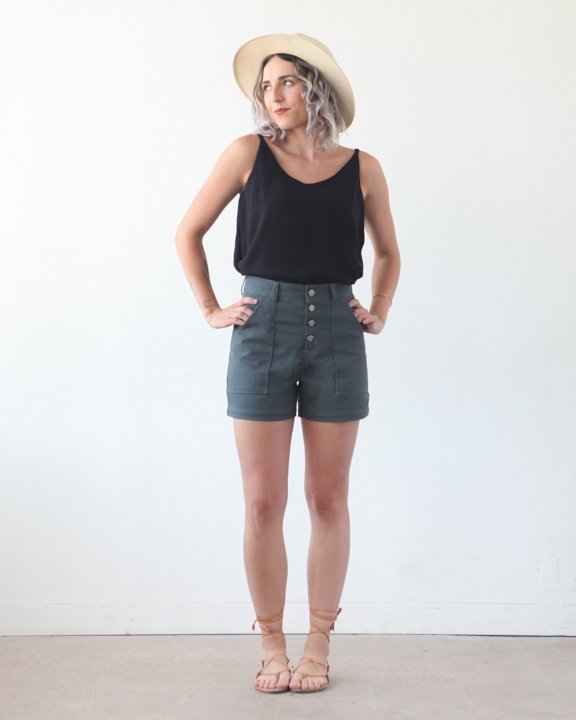 True Bias Lander Pant and Short sewing pattern – high-waisted pants or shorts with button fly
