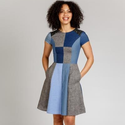 Megan Nielsen Karri Dress sewing pattern with multi-paneled design, princess seams, flared skirt, and color-blocking options