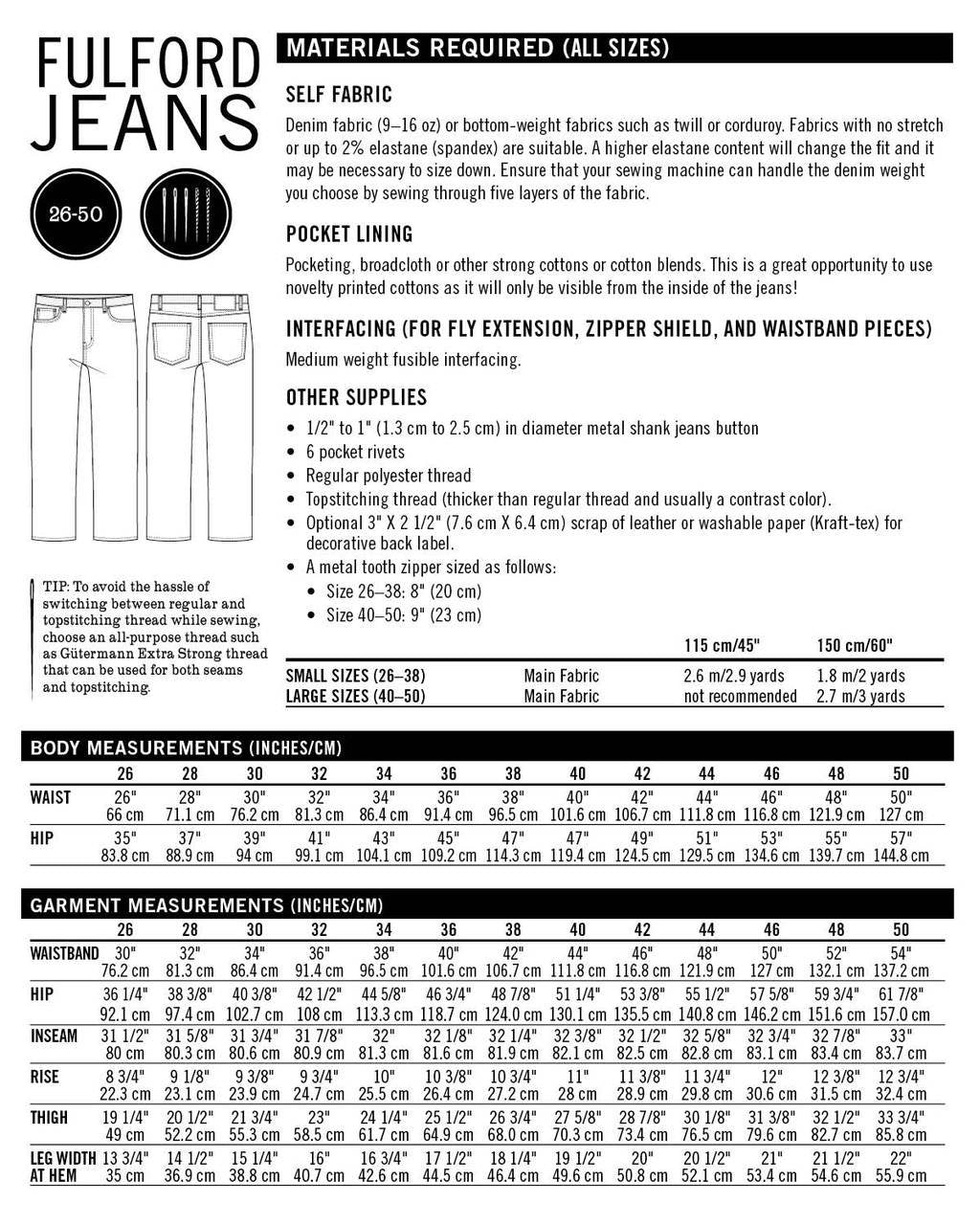Thread Theory Fulford Jeans sewing pattern classic straight-leg denim jeans with high-rise waistband and durable construction