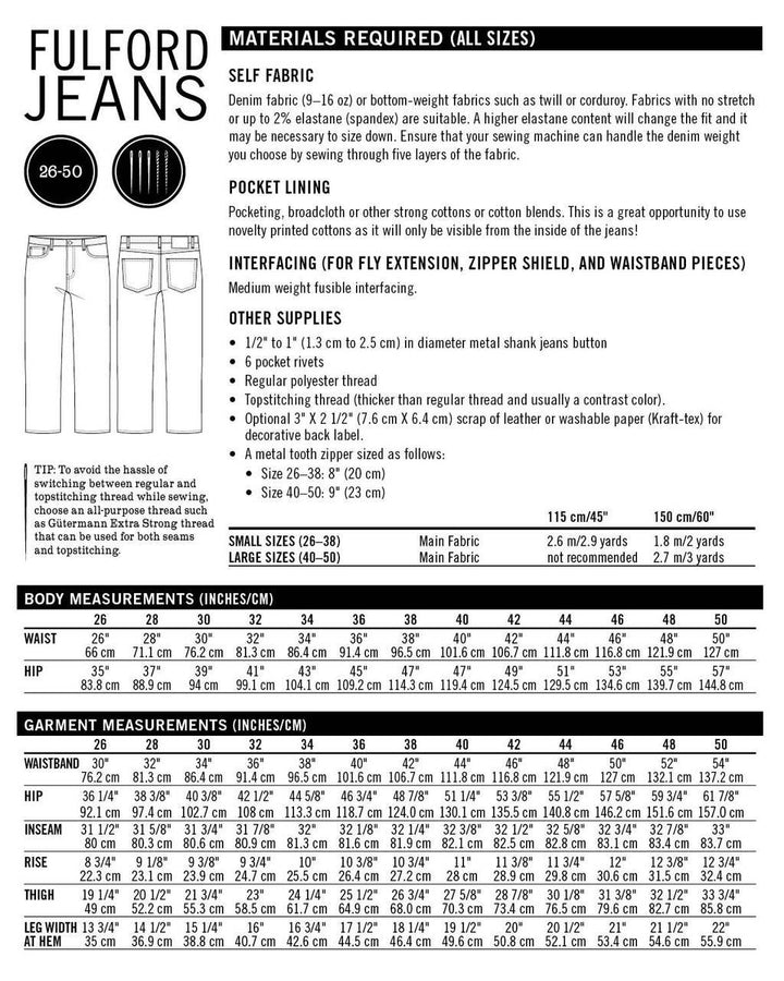 Thread Theory Fulford Jeans sewing pattern classic straight-leg denim jeans with high-rise waistband and durable construction