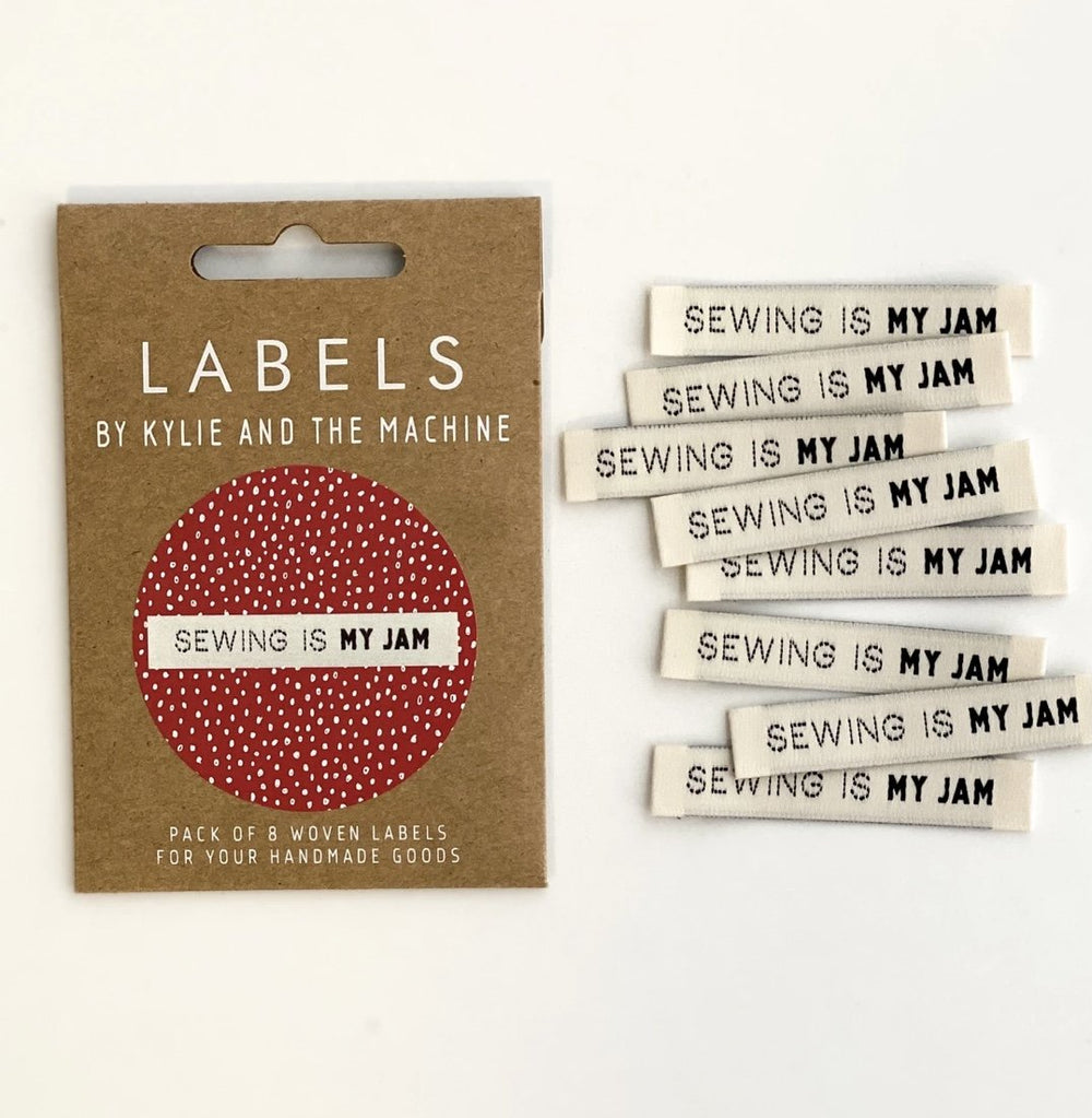 Elegant 'Sewing is my Jam' woven labels in ivory and black - premium sewing tags for handmade garments