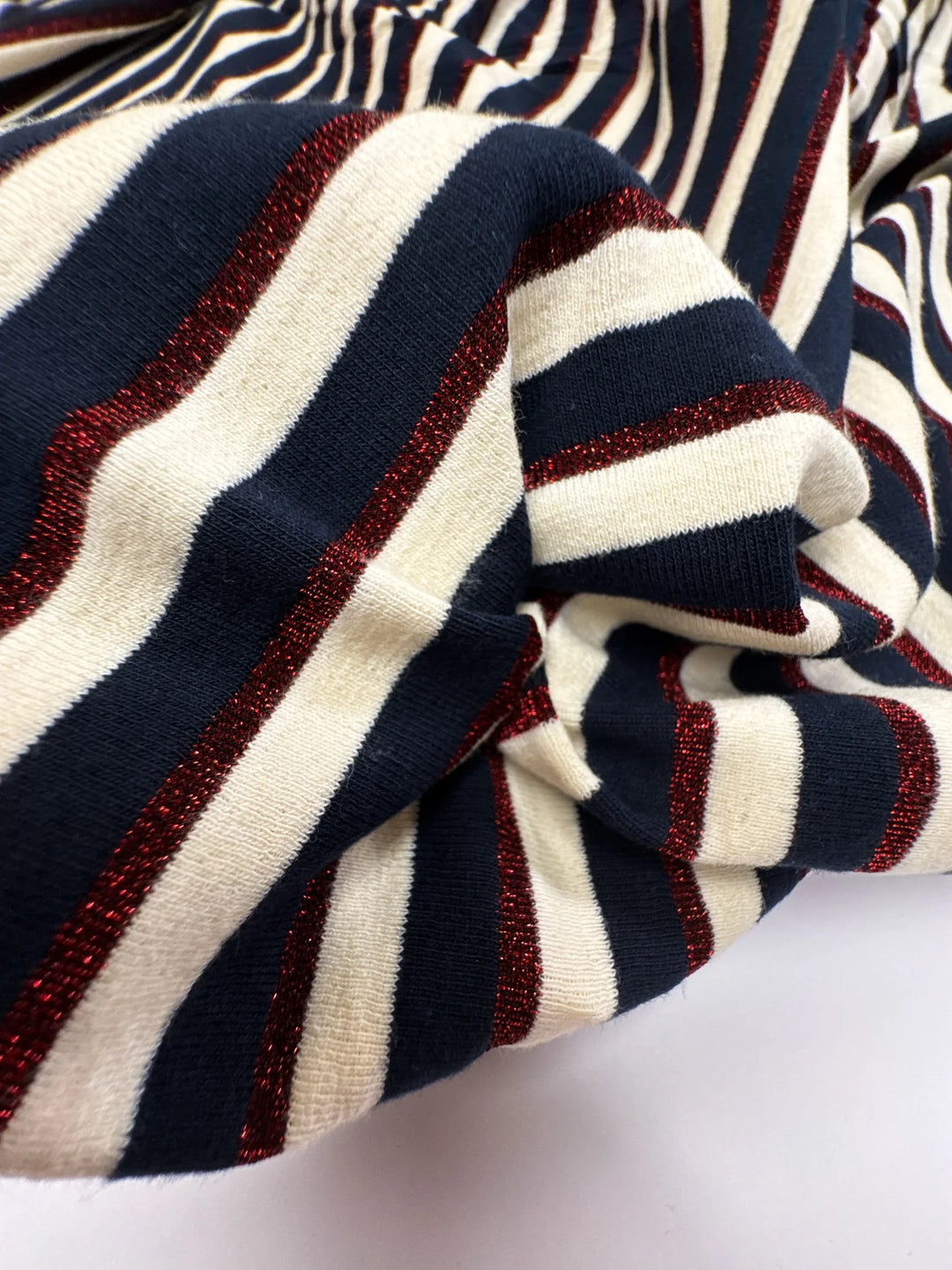 French striped knit fabric in navy, cream, and red lurex – midweight cotton blend, 54 inches wide