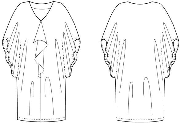 Victory Patterns Satsuki slip-on dress with full sleeves, flounce front, sash waist, and optional peek-a-boo shoulders