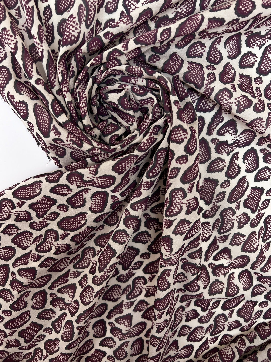 Silk Crepe Animal Print Fabric in Cream, Gray, and Purple - 75% Silk, 49 inches wide, Italian-made